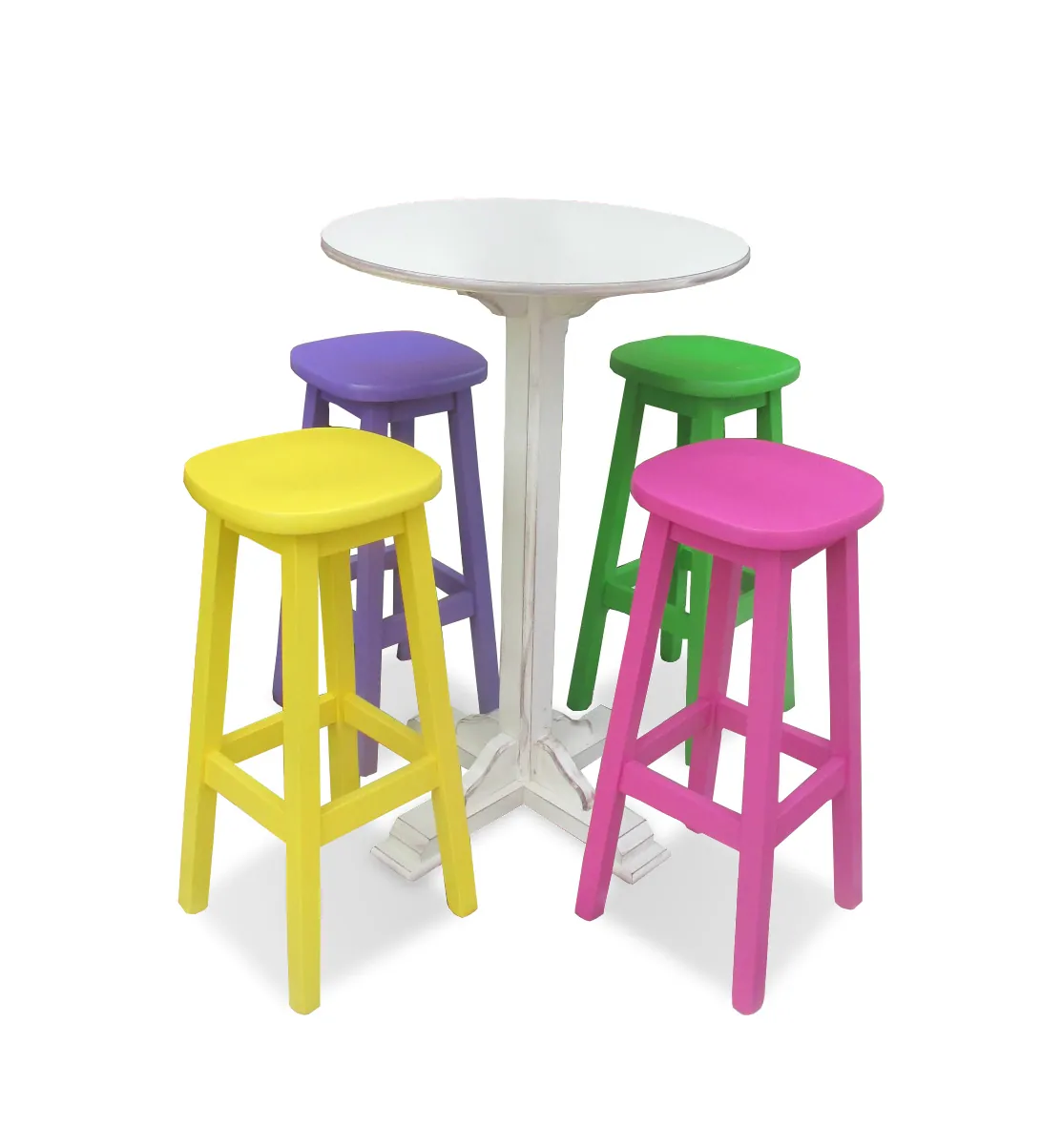 Set aus farbigen Hockern mit antikem Tisch