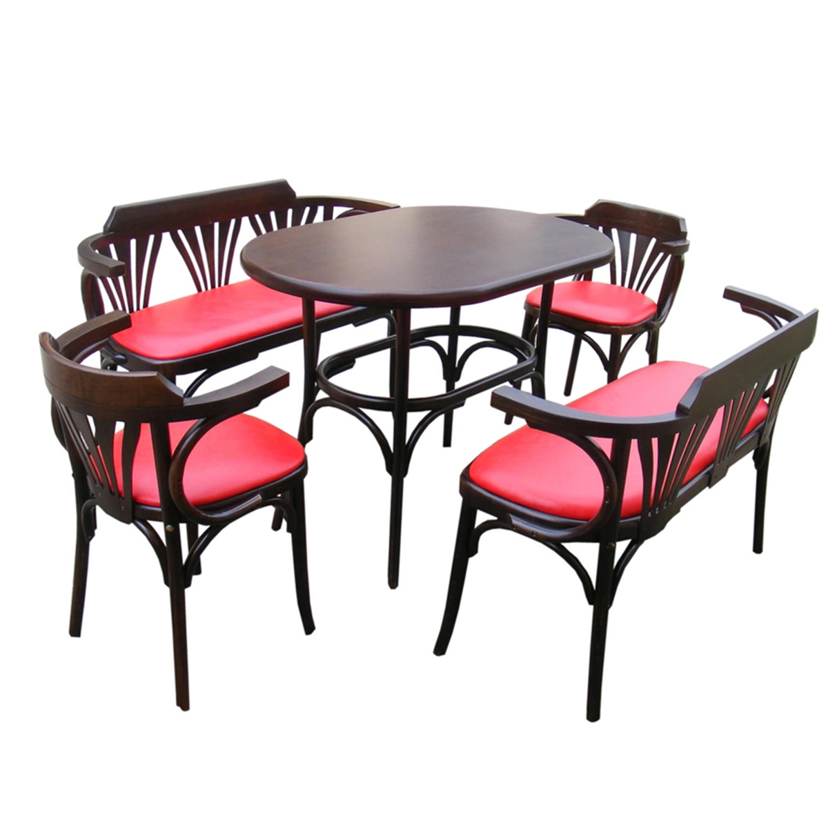 Set aus Bistrotisch und 2 Bänken + 2 Stühlen aus gebogenem Holz