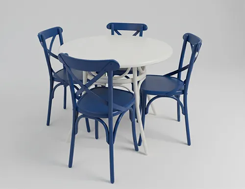 Runder Thonet-Tisch mit farbigen Niv-Stühlen