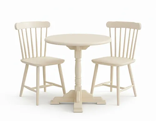 Säulentisch mit zwei farbigen MD2-Stühlen