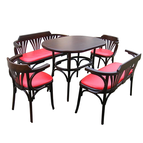 Set aus Bistrotisch und 2 Bänken + 2 Stühlen aus gebogenem Holz